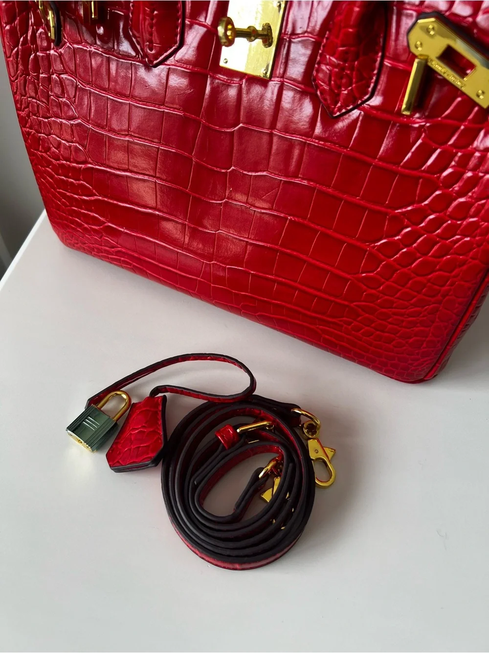 Red Croc-Embossed Structured Top-Handle Bag